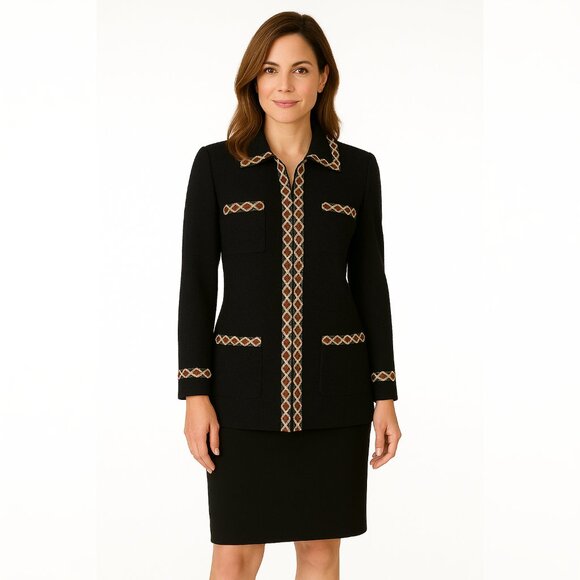 St. John Collection Knit Jacket Black 8 Embellished BraidTrim Long Blazer - Picture 1 of 7